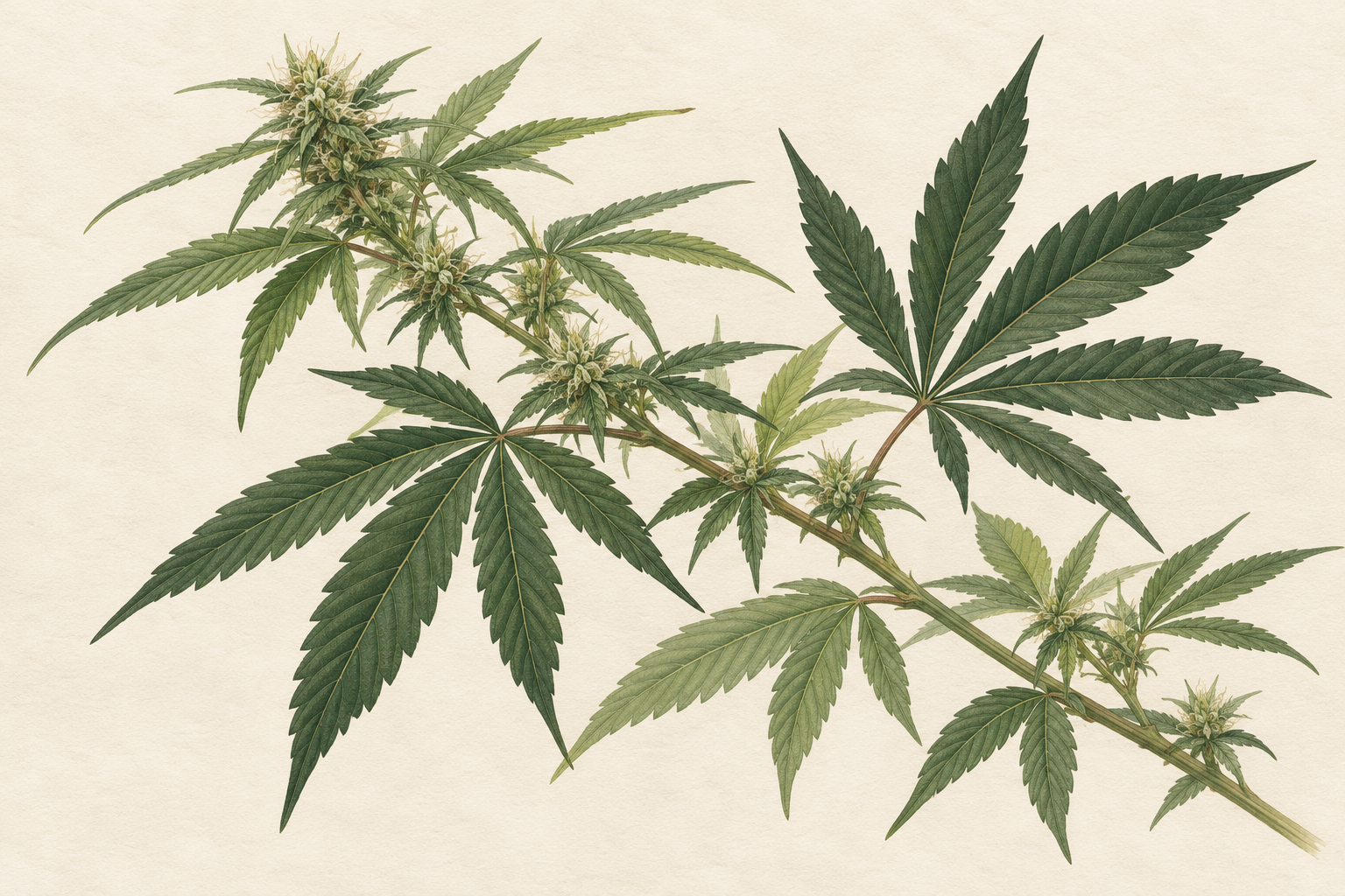 Botanical illustration of cannabis leaves and a flowering branch; not a specific strain