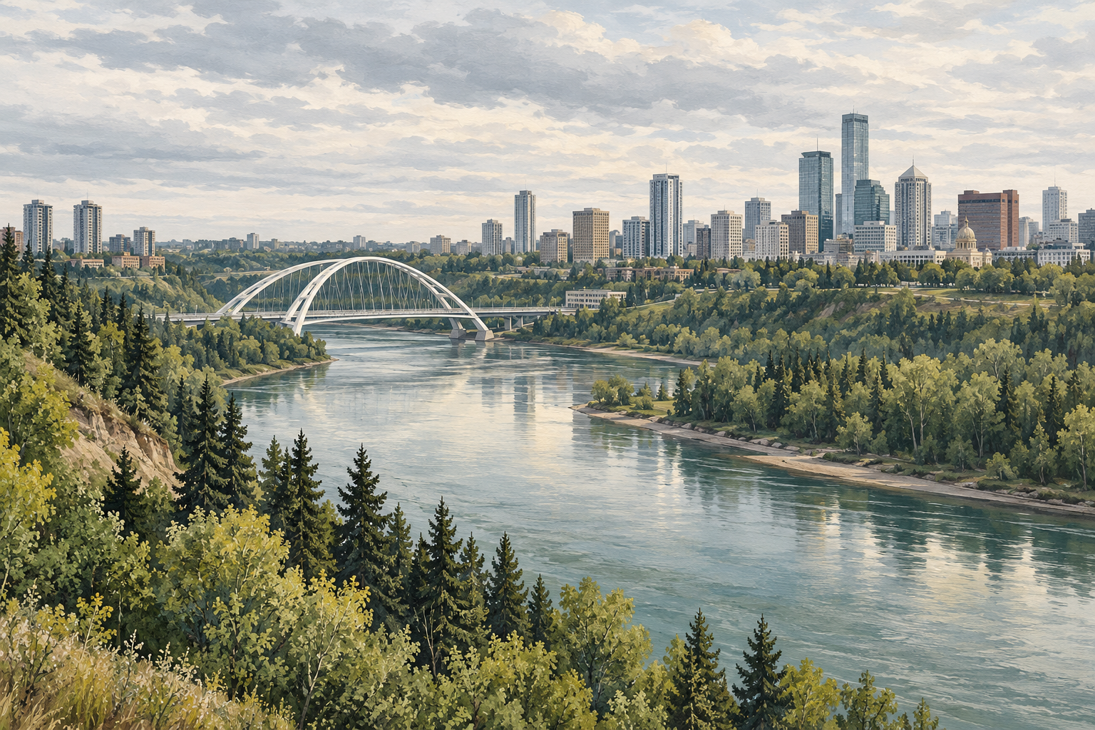 Illustration of Edmonton’s river valley, Walterdale Bridge and downtown skyline